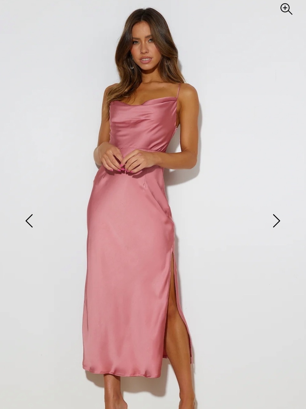 Hello Molly Satin Cowl Midi Dress in Dusty Rose